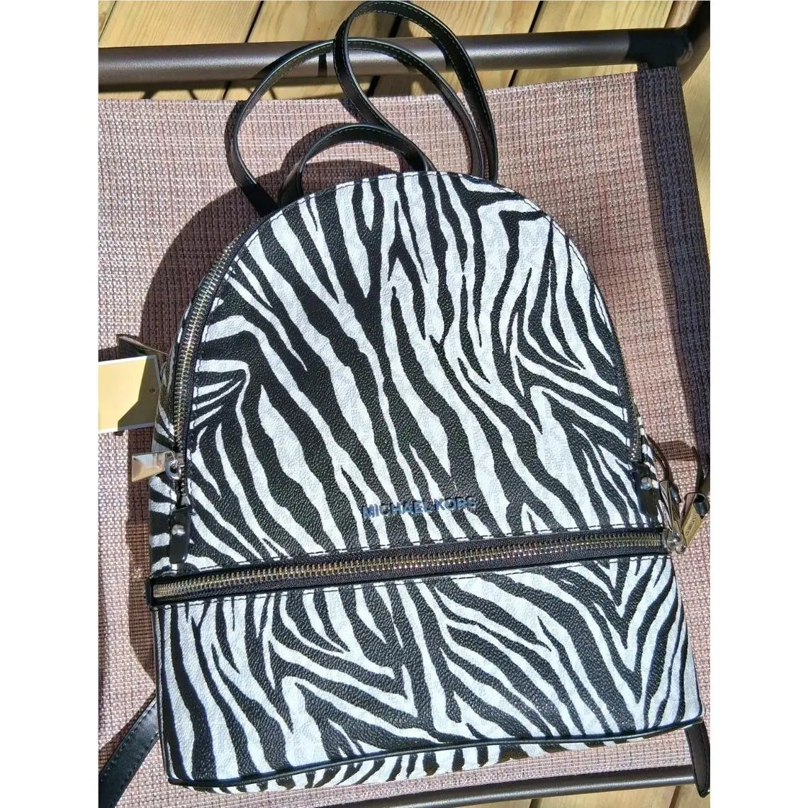 Michael Kors Rhea Zip Backpack Silver Logo Animal Zebra with Bag