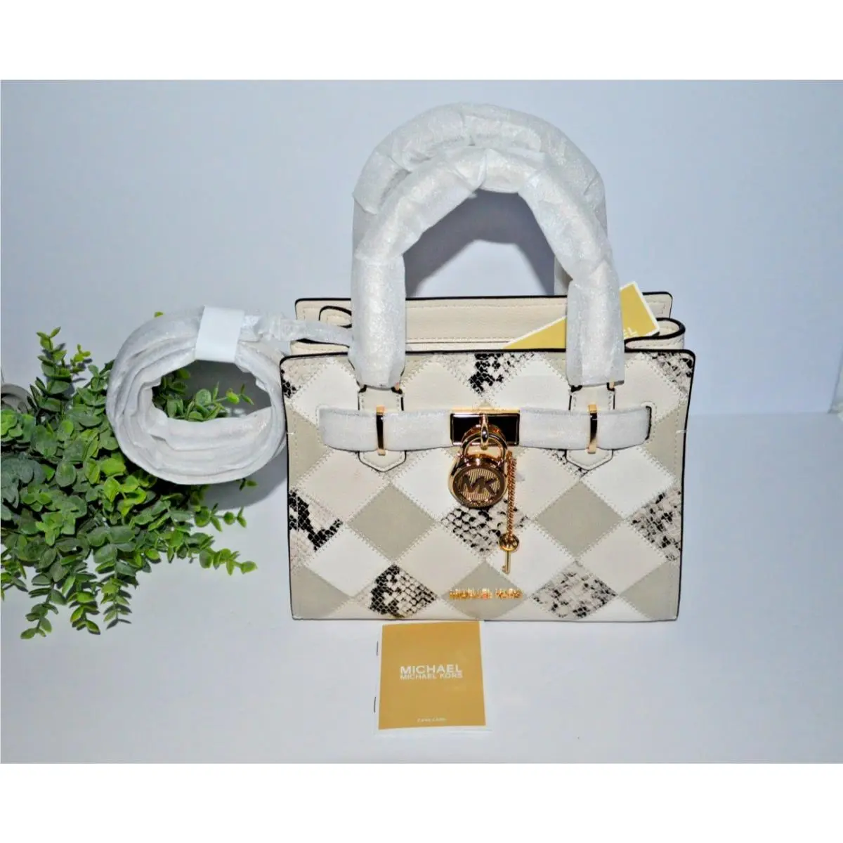 Michael Kors Hamilton Small Natural Patchwork and Snake Embossed Satchel Purse Bag