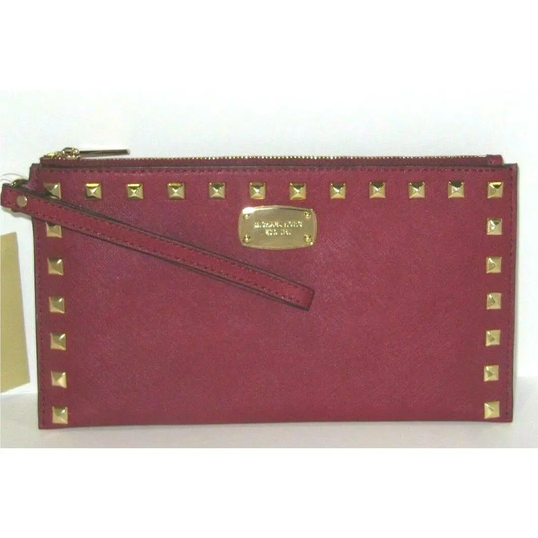 Michael Kors Nail Heads Large Zip Clutch Wristlet Cherry Leather