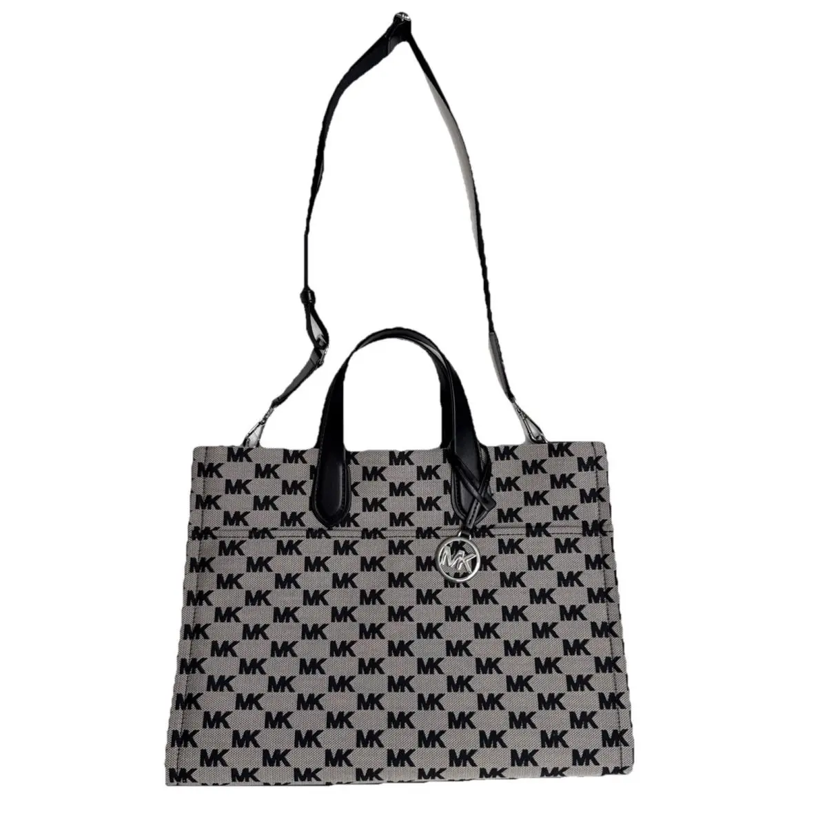 Michael Kors Gigi Large Logo Jacquard Tote Bag Crossbody Strap Black Gray