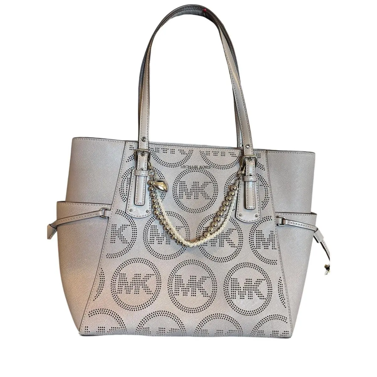 Michael Kors Voyager EW Tote Pearl Grey Perforated Leather 38S0SV6T4U