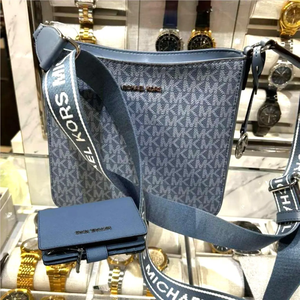 Michael Kors Jet Set Women Small Ombré Logo Crossbody Bag + Bifold Wallet Denim