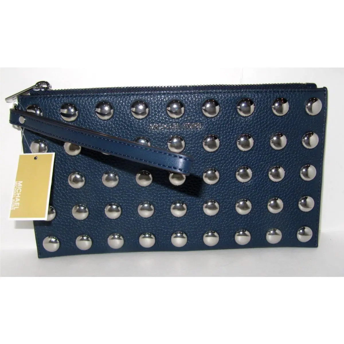 Michael Kors Jet Set Large Silver Studded Wristlet Navy Blue Leather NWT$298
