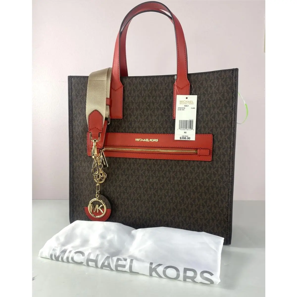 Michael Kors Kenly Bag Large NS Shopper Tote Signature Brown Flame Fob B3K