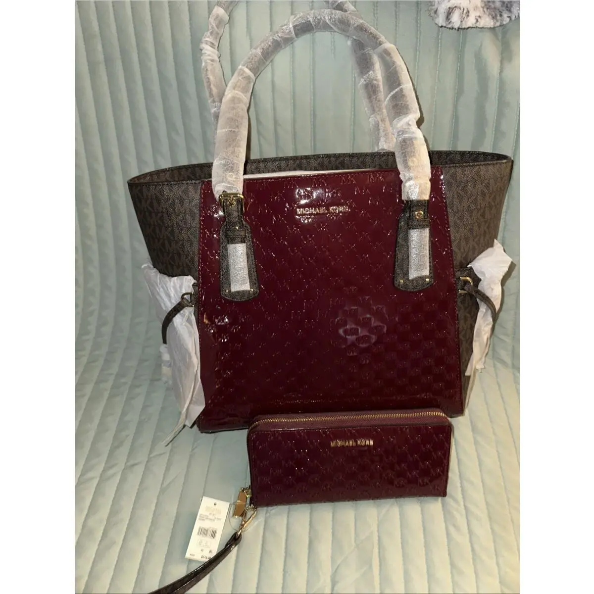 Michael Kors Voyager W/ Wallet Dark Brown Merlot Canvas and Leather