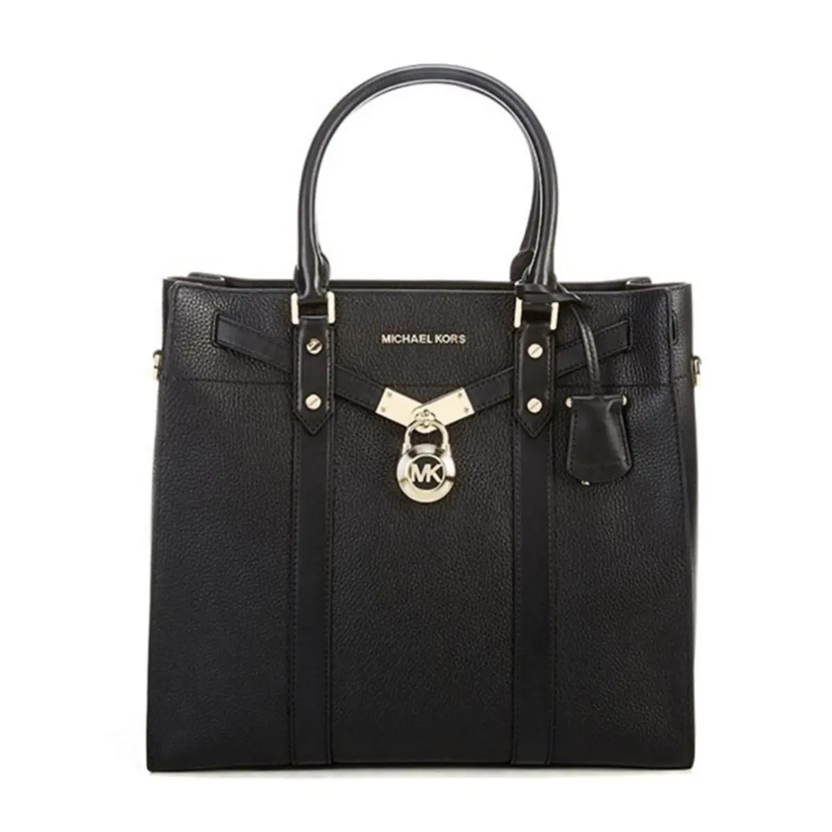Michael Kors Nouveau Hamilton Large Logo Leather Satchel Black 30H9G0HT3L - Handle/Strap: Brown, Hardware: Gold, Lining: Black