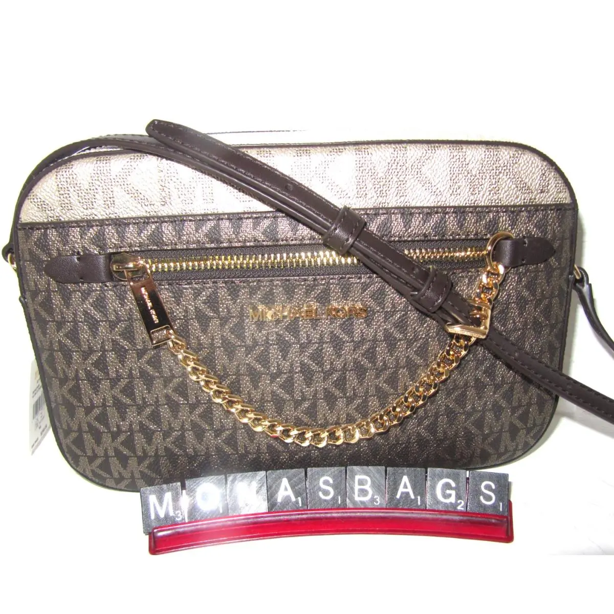 Michael Kors Jet Set Brown Logo Large Zip Chain EW Crossbody Bag