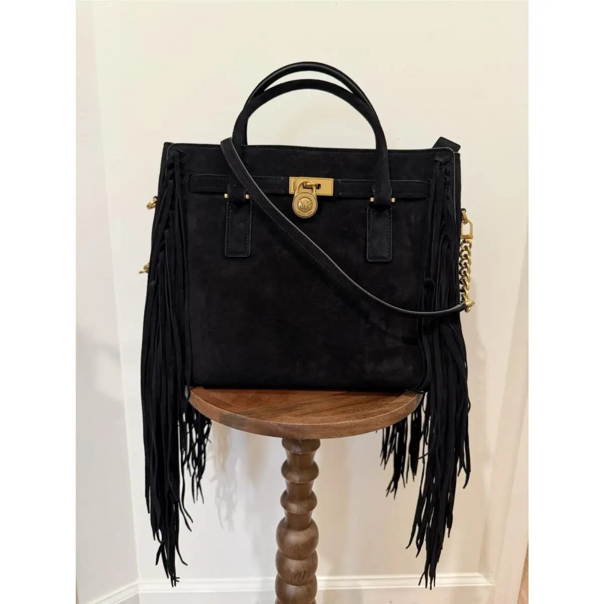 Michael Kors Hamilton Moderne Large Fringed Suede Satchel Black