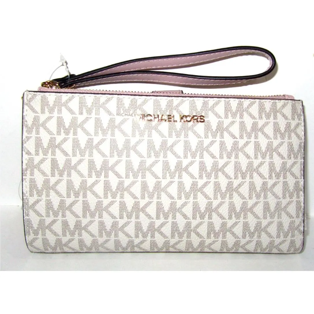 Michael Kors Jet Set Double Zip Wristlet Wallet Powder Blush Logo Phone