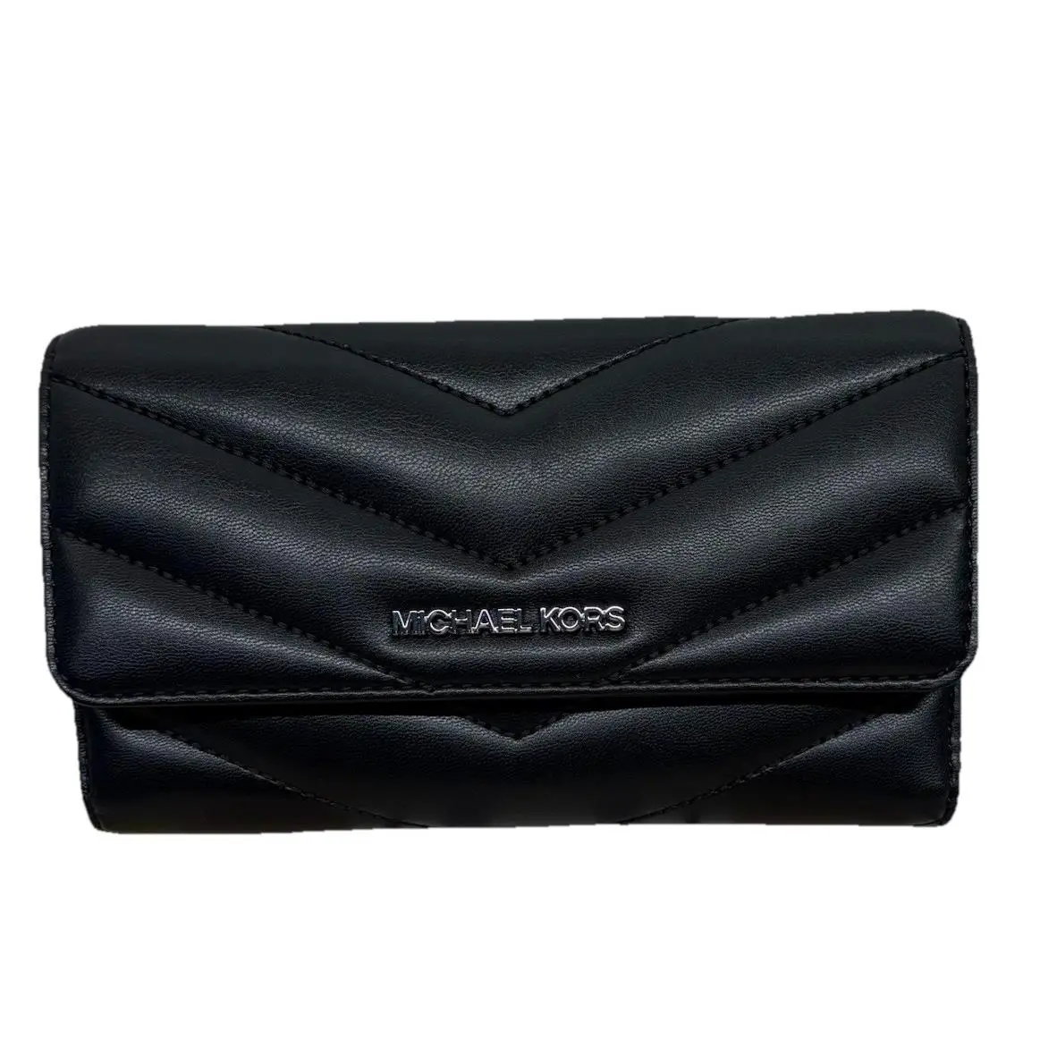 Michael Kors Jet Set Travel Large Trifold Wallet Quilted Black Silver