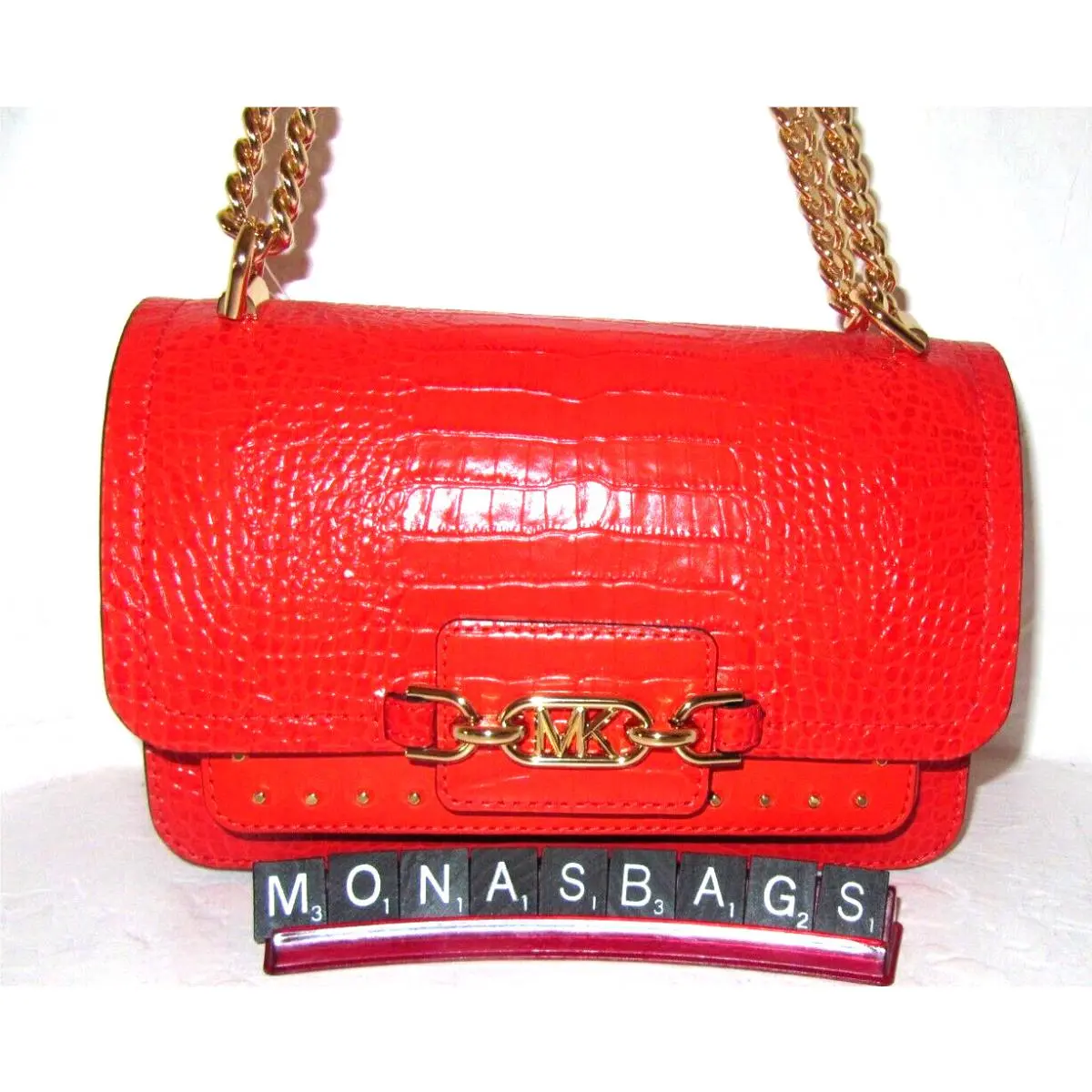 Michael Kors Heather Optic Orange Embossed Leather Shoulder Bag