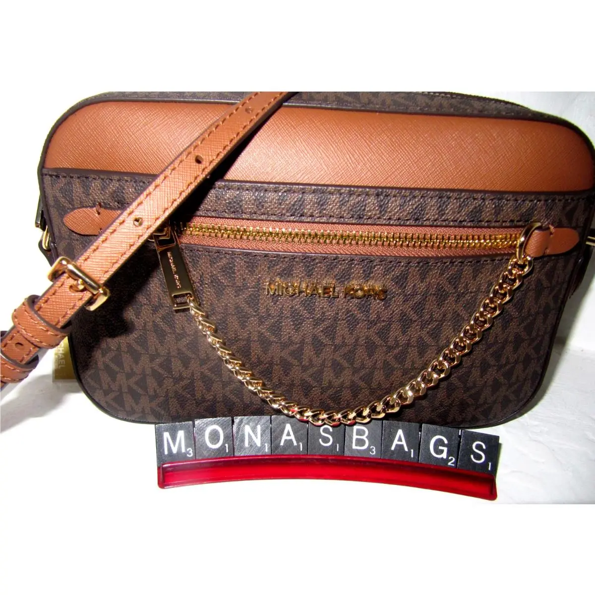 Michael Kors Jet Set Brown Logo Large Zip Chain EW Crossbody Bag