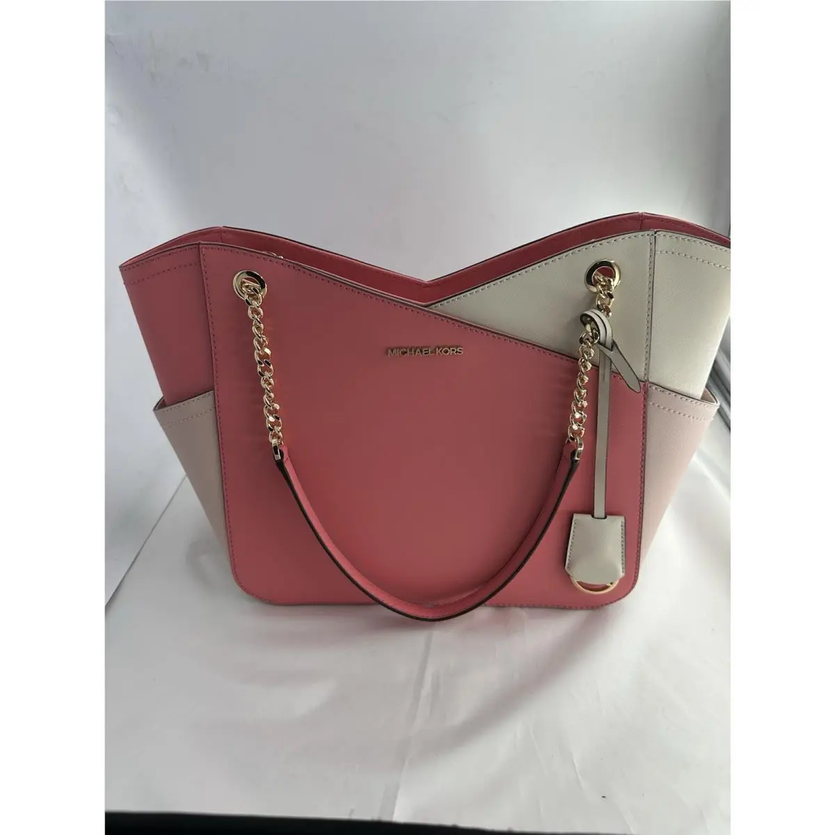 Colorblock Pink Ivory Tote with Gold Chain Strap Brand Charm by Michael Kors