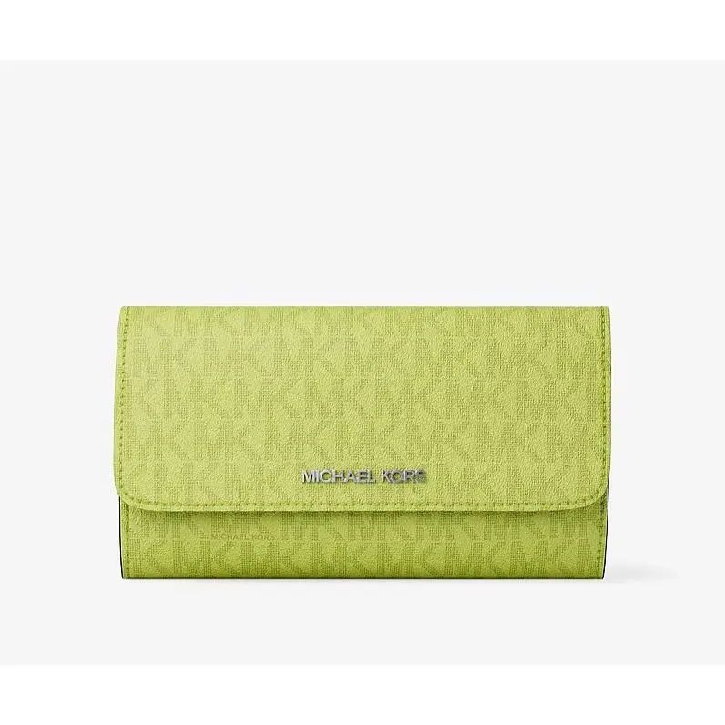 Jet Set Travel Large Trifold Leather Wallet Lime Signature by Michael Kors