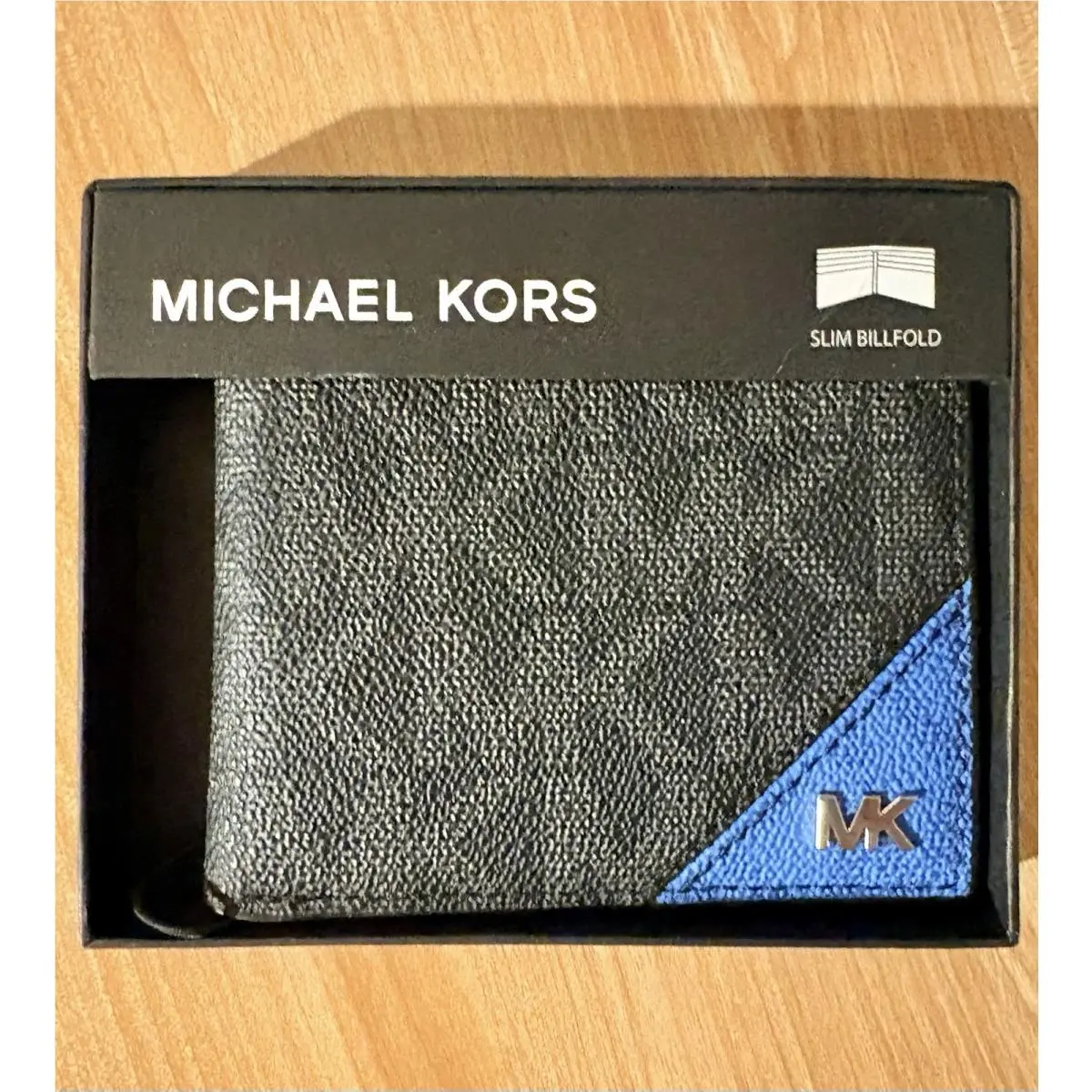 Michael Kors Men’s Slim Bifold Wallet Jet Set Black Monogram Blue Accent