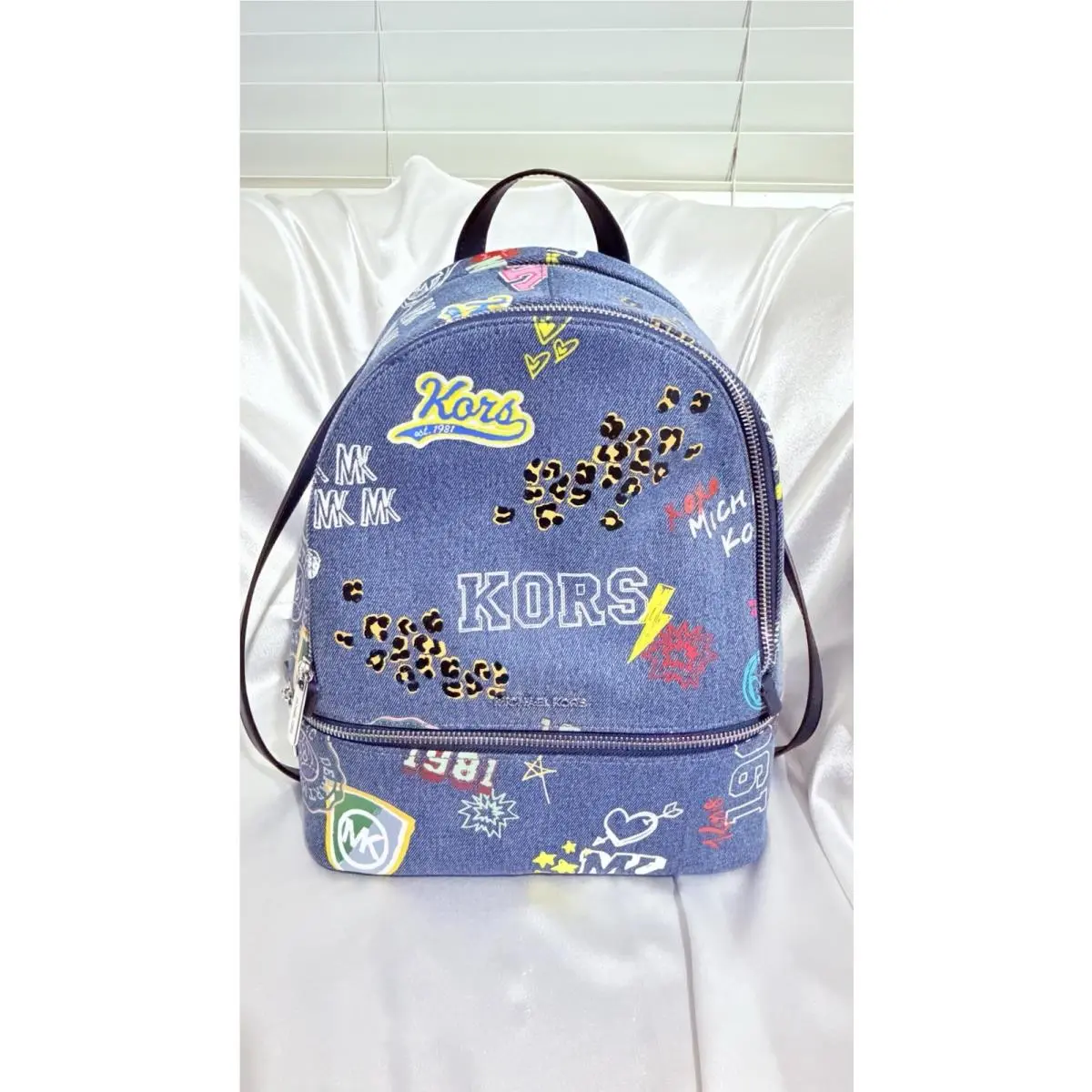 Michael Kors Rhea Washed Cheetah Printed Denim Zip Medium Backpack Shoulder Bag