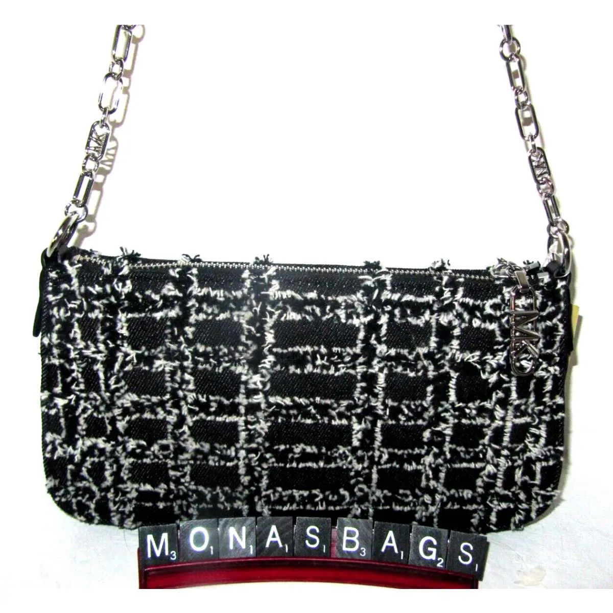 Michael Kors Empire Medium Chain Pouchette Bag Black Denim White Trim