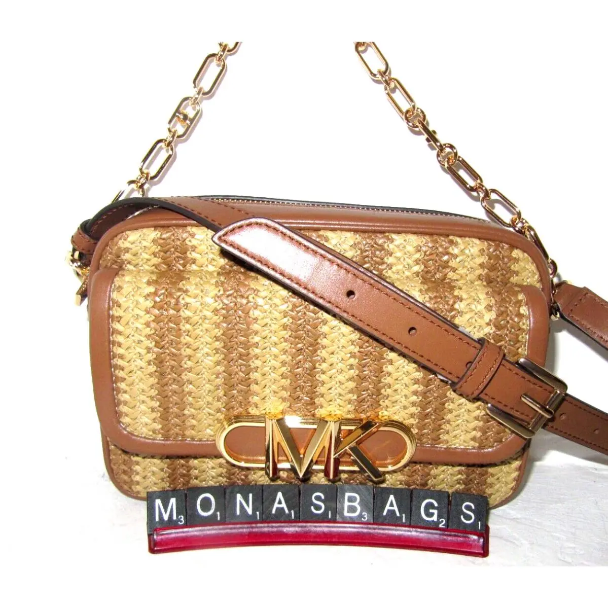 Michael Kors Medium Chain Swag Parker Camera Crossbody Bag Natural Luggage