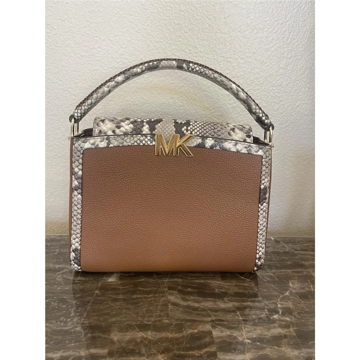 Michael Kors Karlie Medium Pebbled Snake Embossed Leather Satchel Luggage