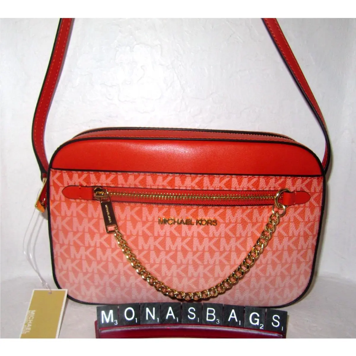 Michael Kors Jet Set Red Clay Logo Large Zip Chain EW Crossbody Bag