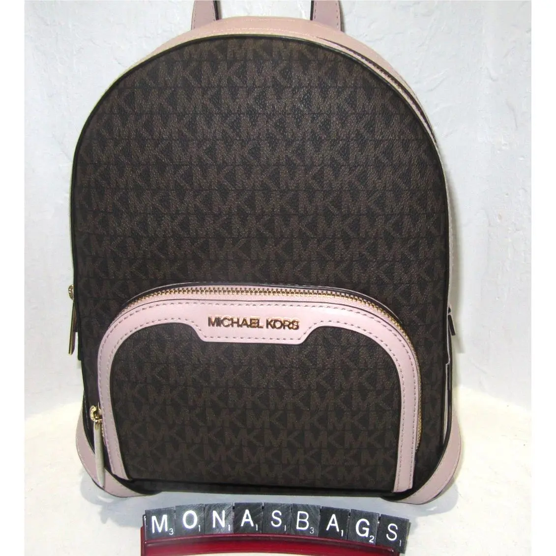 Michael Kors Jaycee Powder Blush Pink Brown Medium Signature Logo Backpack
