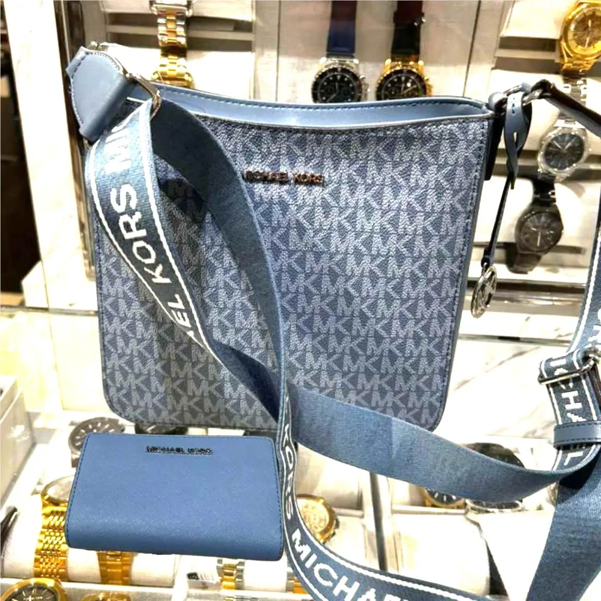 Michael Kors Women Small Messenger Crossbody Bag + Bifold Wallet Denim Handbag