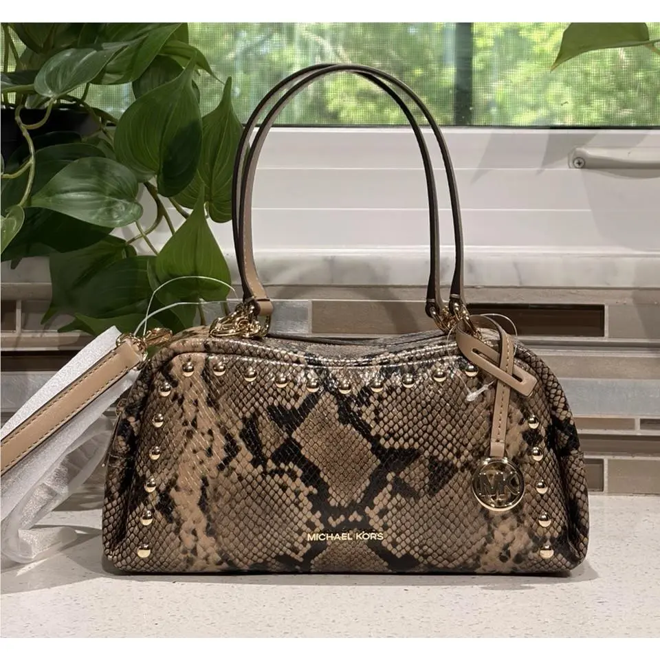 Michael Kors Cecily Small Shoulder Crossbody Bag Camel Brown Snake Embossed Stud
