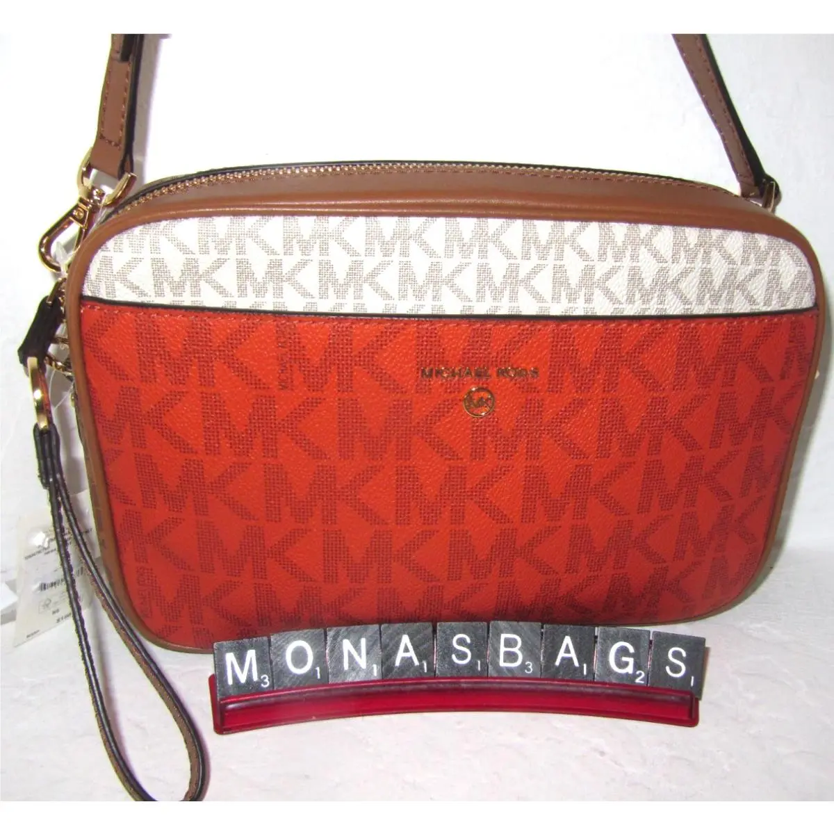 Michael Kors Jet Set Large Deep Orange Camera Crossbody Bag Brown Signature