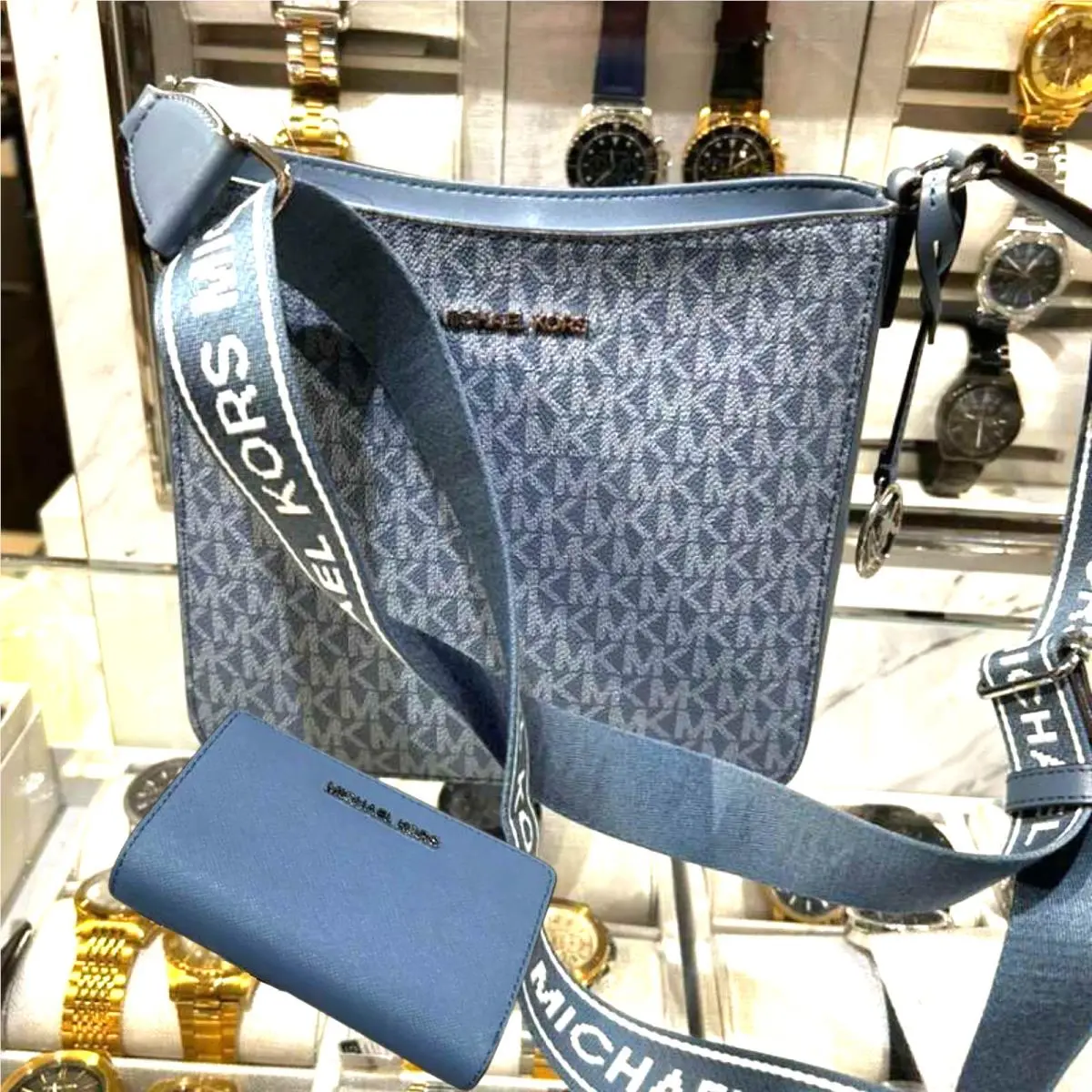 Michael Kors Jet Set Women Small Messenger Crossbody Bag + Bifold Wallet Denim