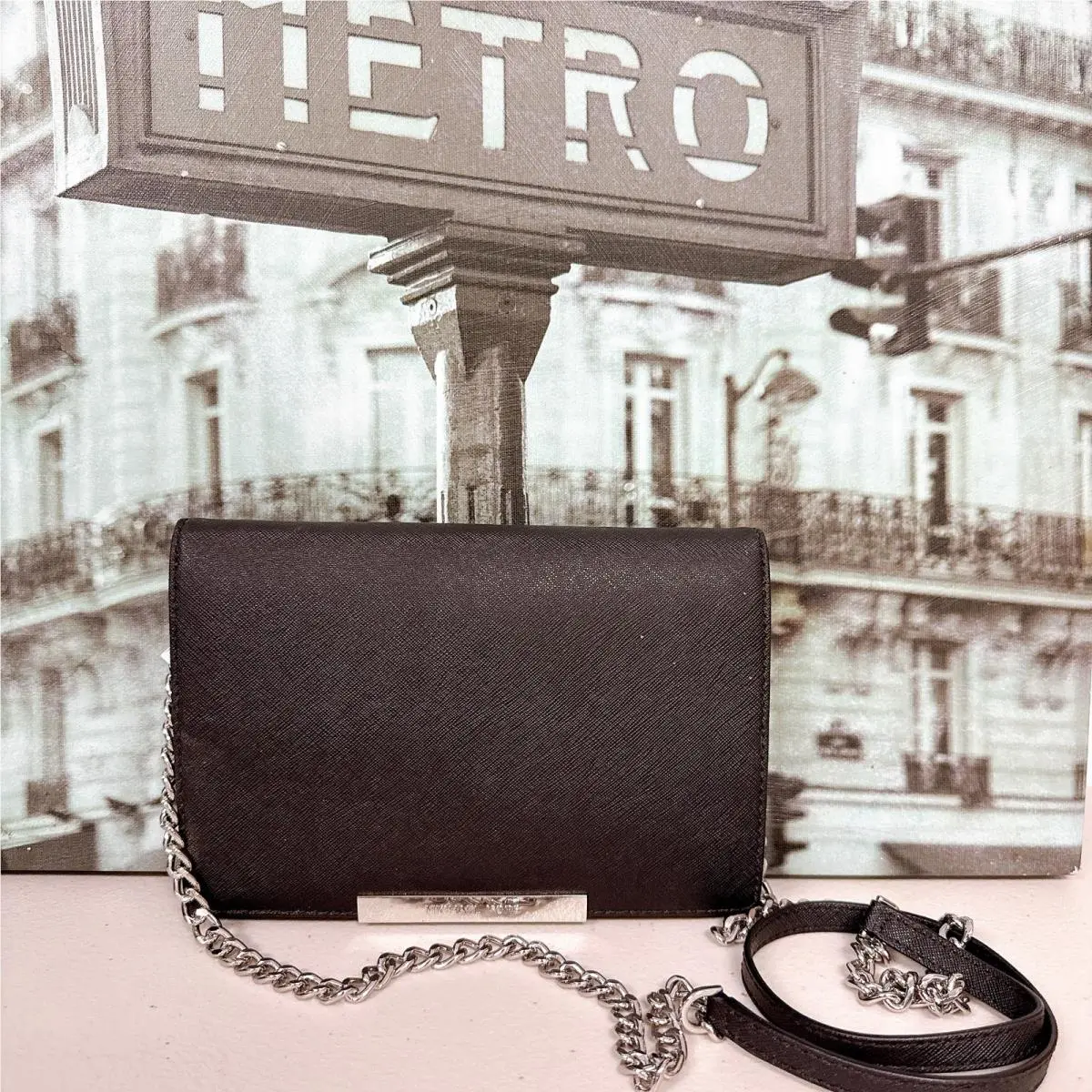 Michael Kors Black Saffiano Leather Wallet Clutch Crossbody Chain Purse