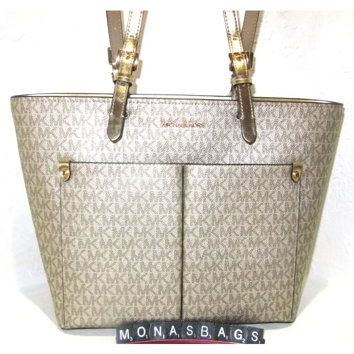 Double Pocket Large Signature Pale Gold Metallic Tote Bag by Michael Kors