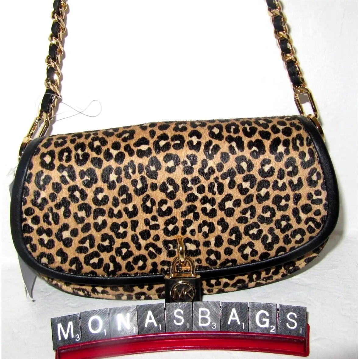 Michael Kors Mila Leopard Haircalf Small E W Chain Sling Messenger Bag