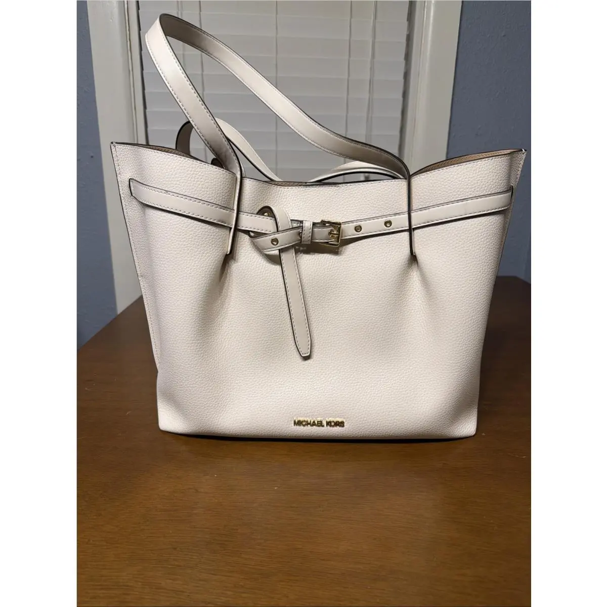 Emilia Large Pebbled Leather Tote Bag Optic White Gold Hardware by Michael Kors