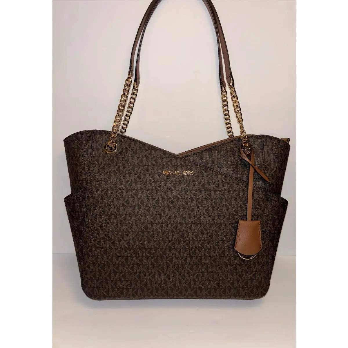 Michael Kors Jet Set Travel Large Chain Shoulder Tote Bag Monogram Brown MK