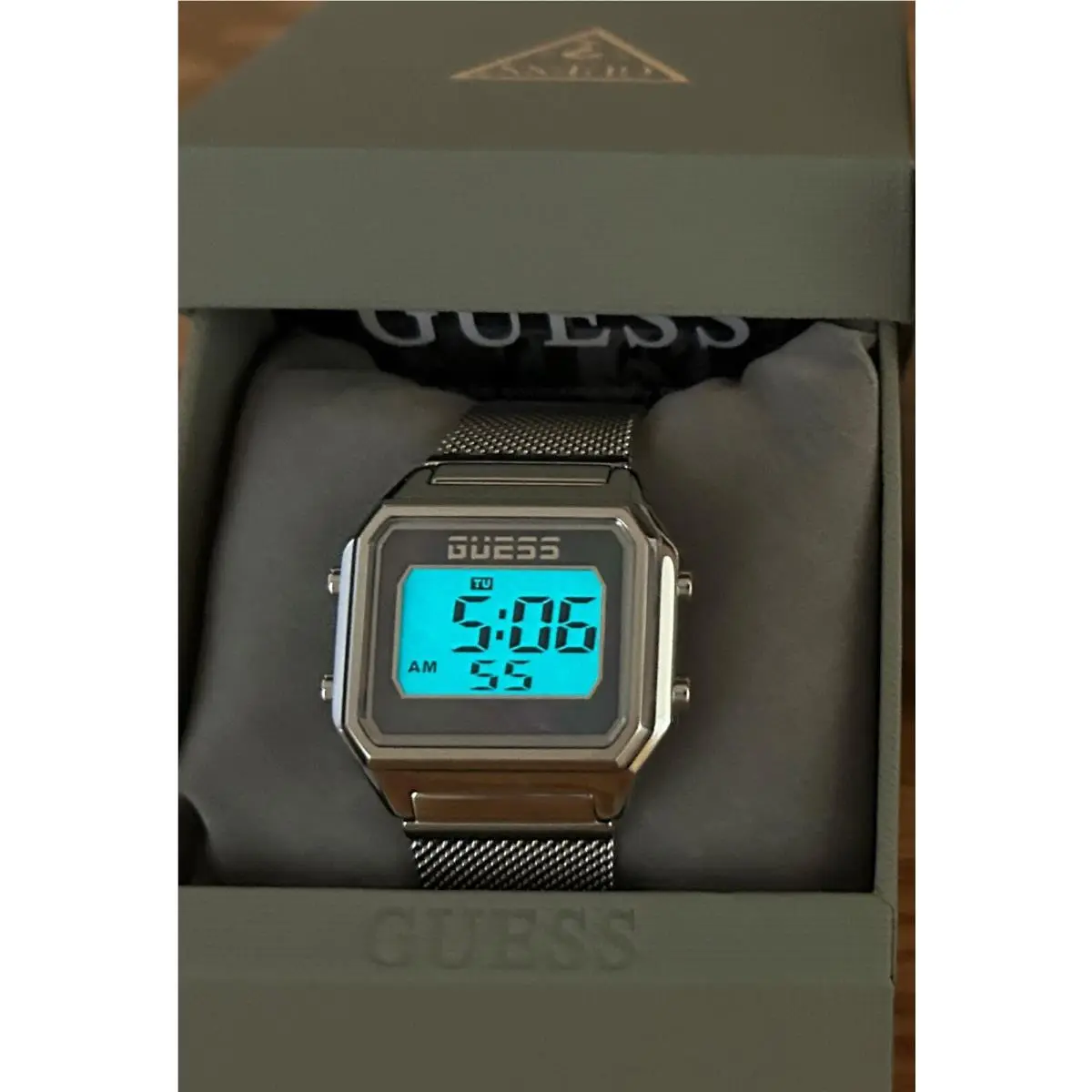 Guess Retro Style Digital Stainless Steel Watch with Mesh Strap