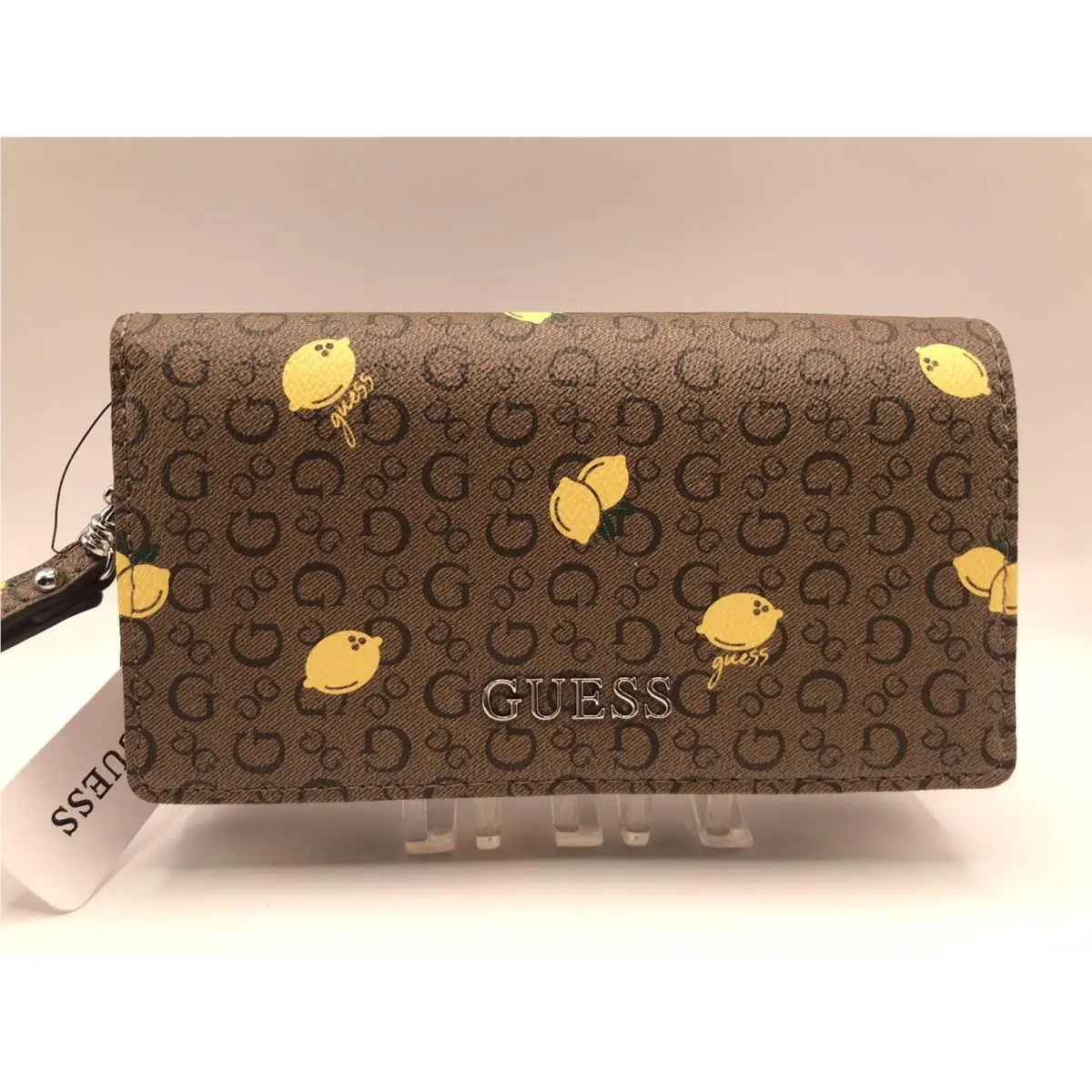 Women`s Guess Cocoa/yellow Lemons Remy Slg Accoridian Style Wristlet/wallet