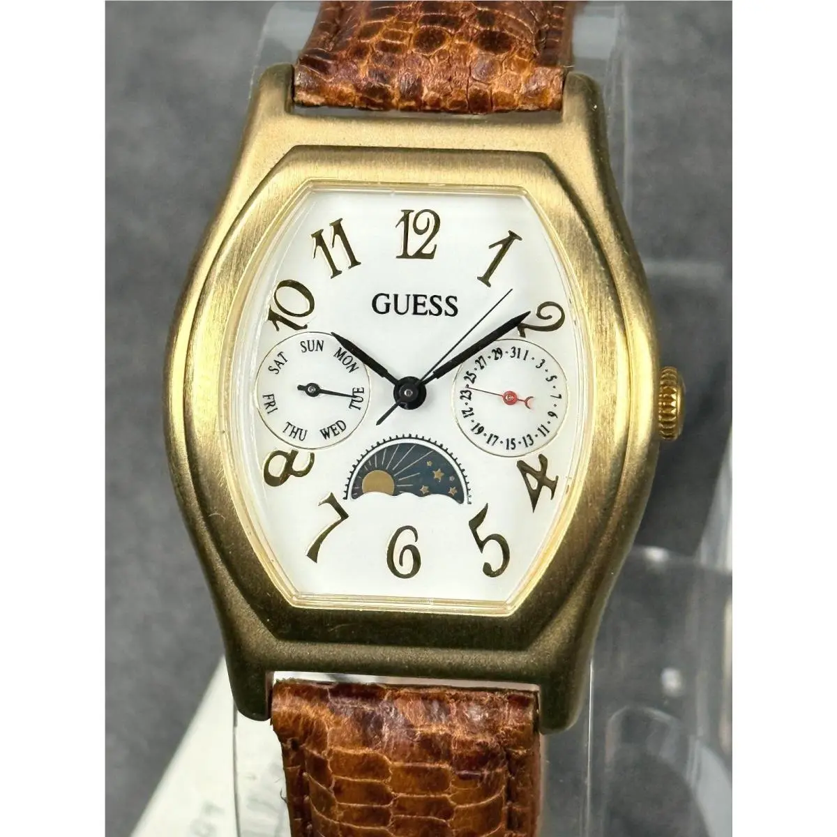 Guess Moonphase Ladies Watch 33mm Gold Tone w/ Tags Quartz Brown Strap