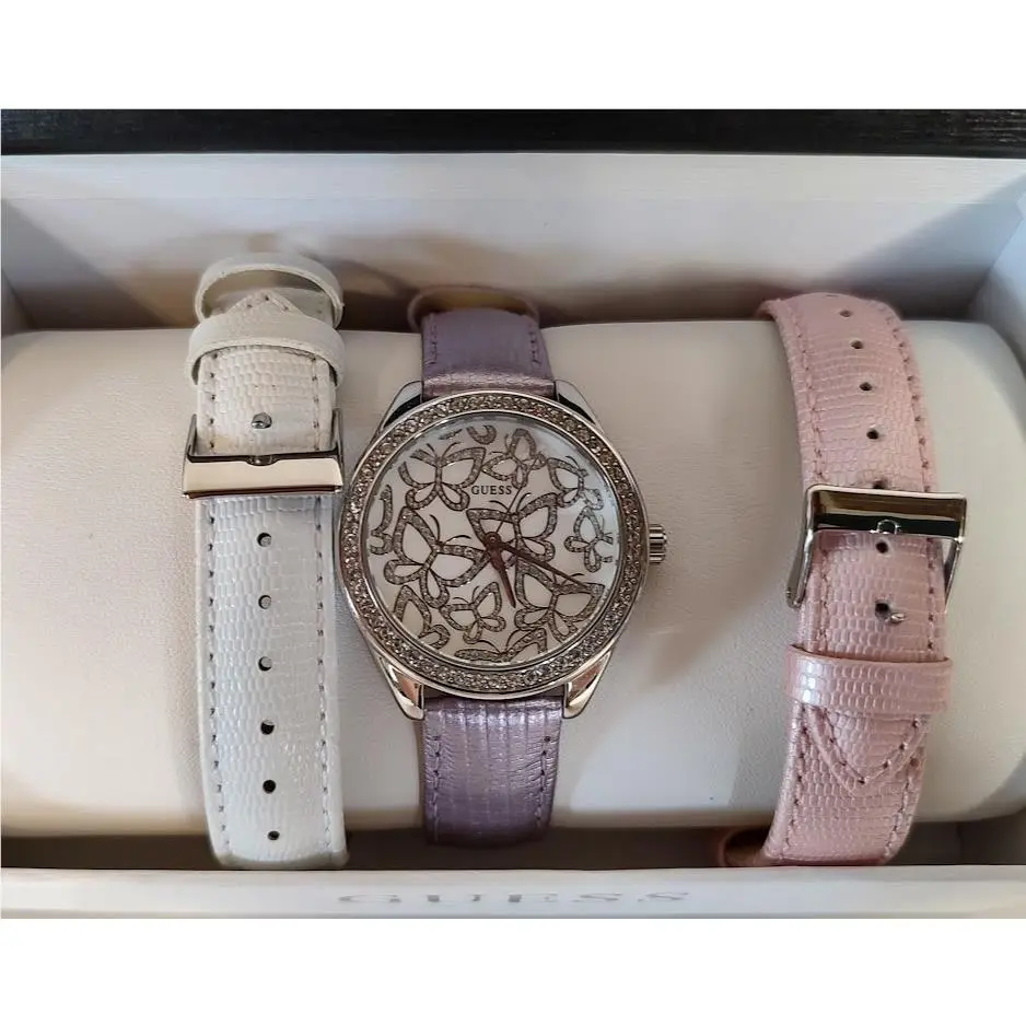 Guess Watch U0201L2 -silver Tone Butterfly Design- Leather Interchangeable Bands