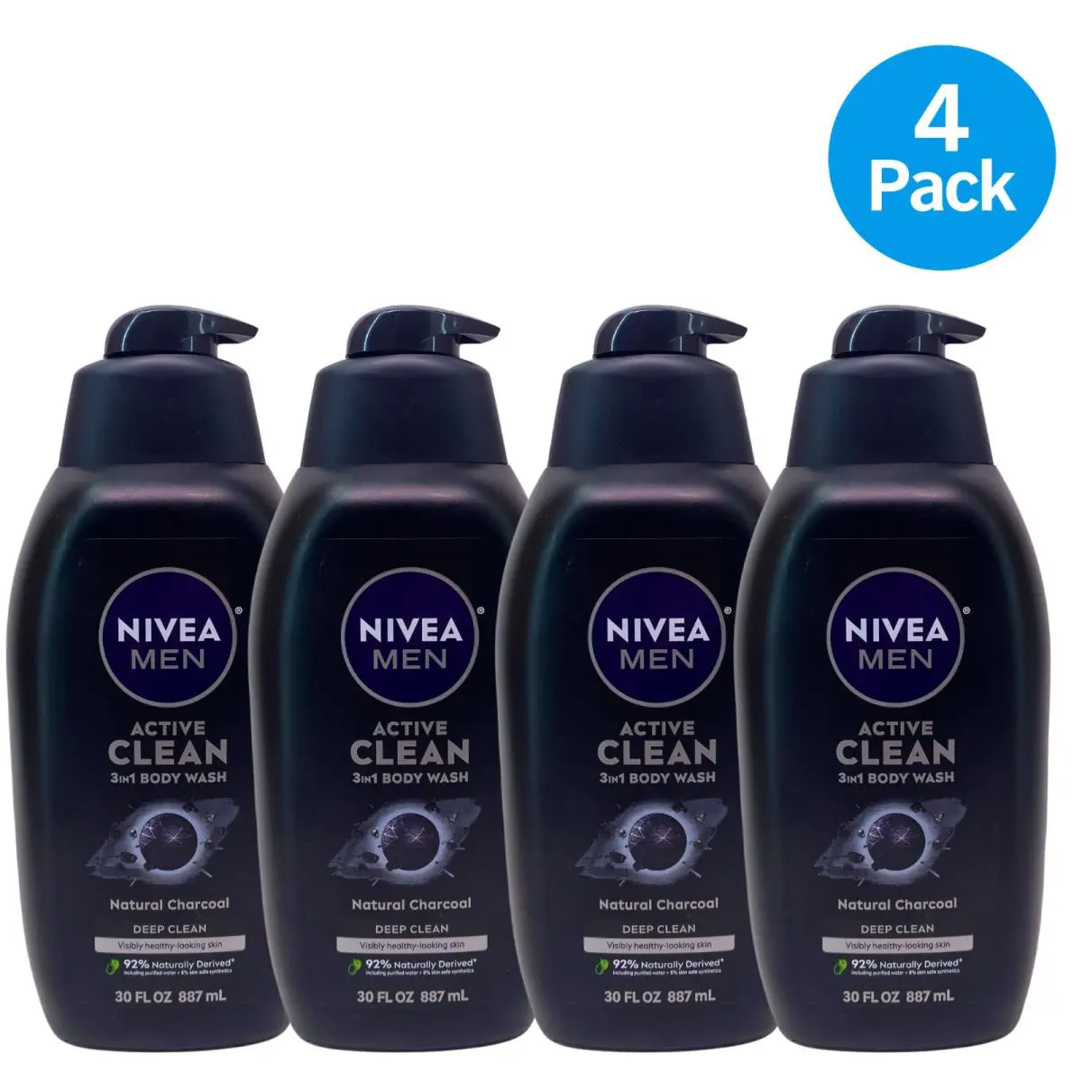 Nivea Men Active Clean 3-in-1 Body Wash Natural Charcoal 30fl oz 4 Pack