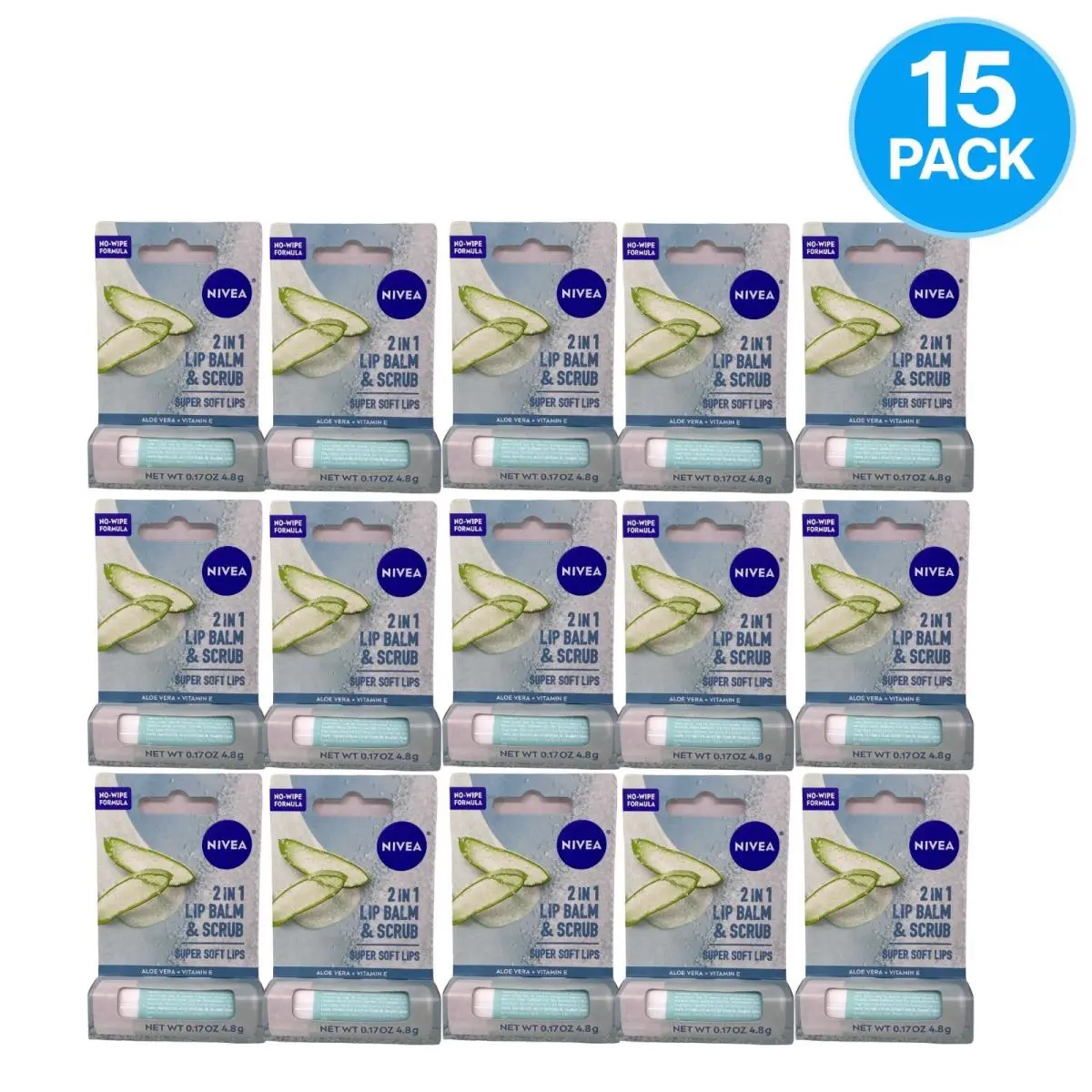 Nivea 2 in 1 Lip Balm Scrub Aloe Vera 0.17 oz 15 Pack