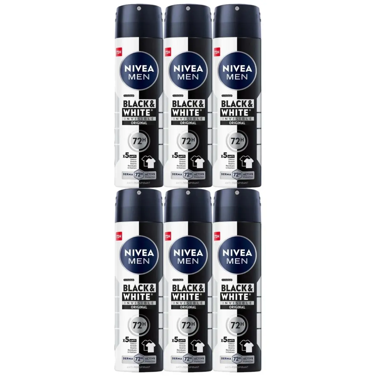 Nivea Men Black White Orginal Deodorant Spray 72H 5oz 150ml Pack of 6
