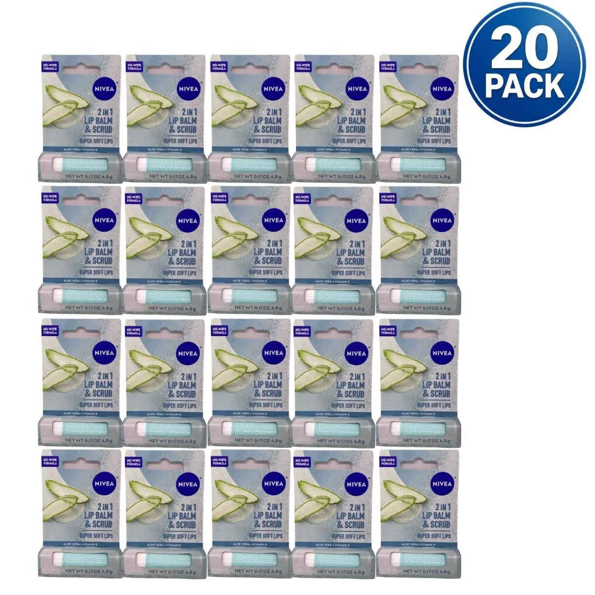 Nivea 2 in 1 Lip Balm Scrub Aloe Vera 0.17 oz 20 Pack