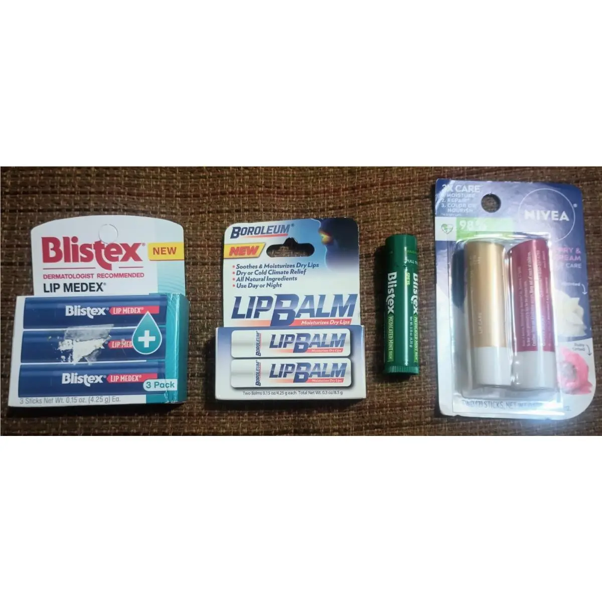 A Lot of 7 Lip Balms Blistex Boroleum Nivea Carmex Coppertone