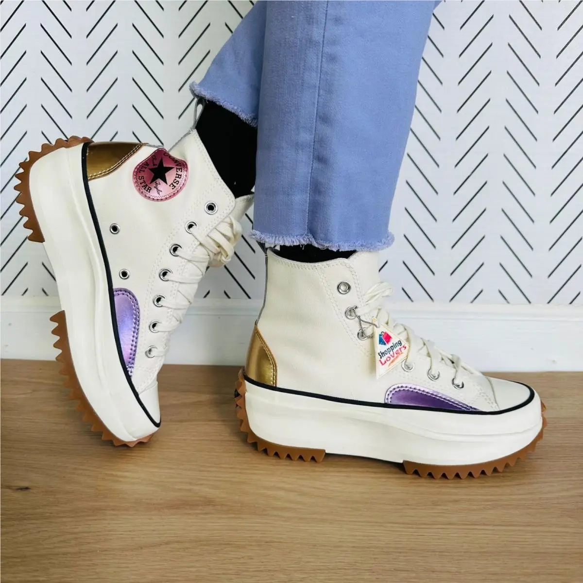 Converse Run Star Hike Hi Platform 9 Womens Shoes Beige Purple Sneaker A09796C