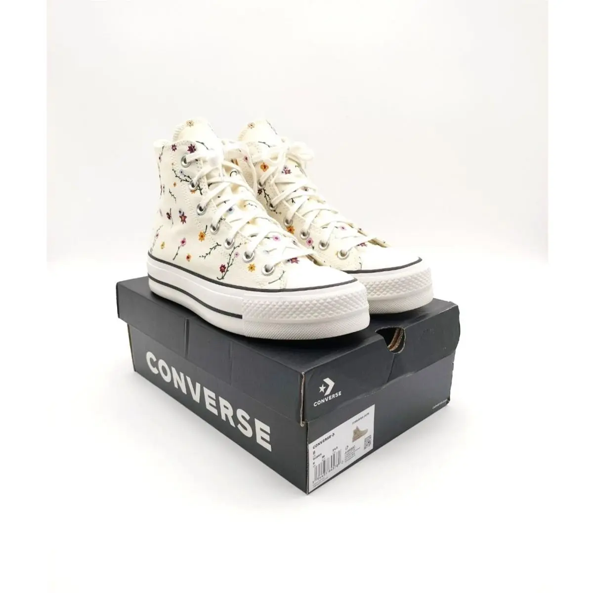 Converse All Star Platform High Top Cream Floral Embroidered Cottagecore Sz 8