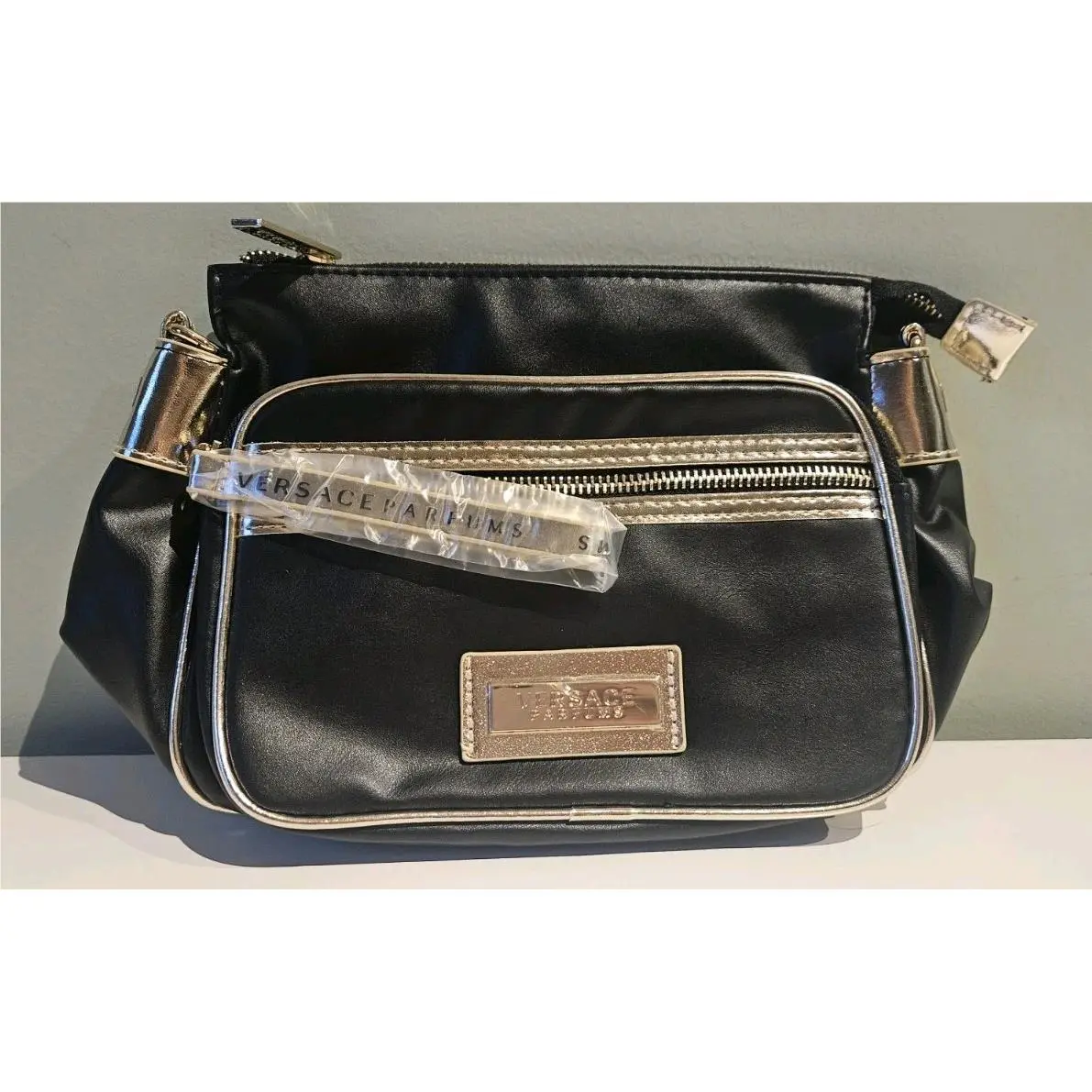 Versace Parfums Black Gold Crossbody Bag Makeup Case Zip Pouch Leather