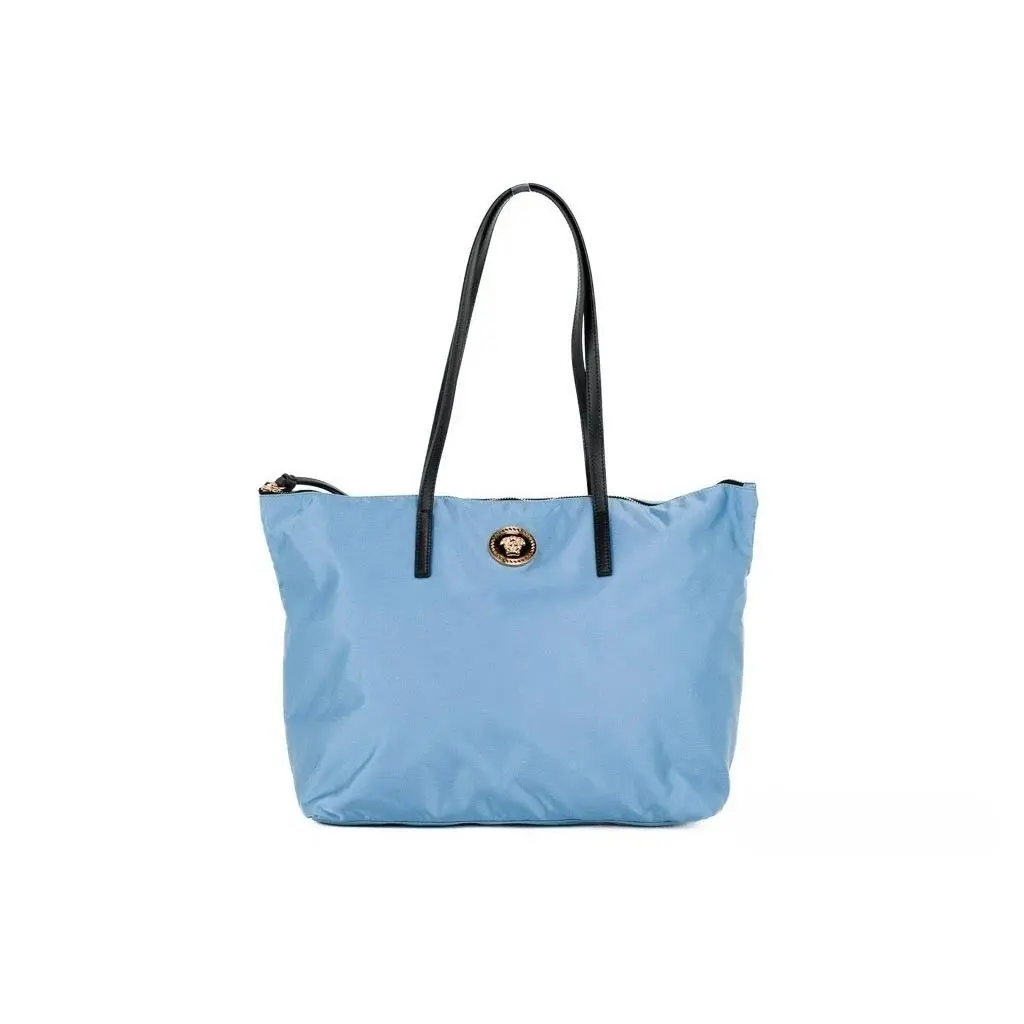 Versace Portuna Medusa Medium Cornflower Blue Nylon Leather Tote Bag Purse