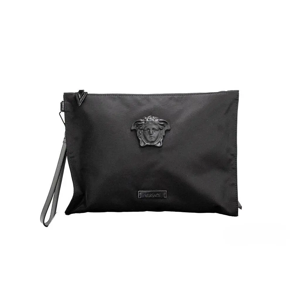 Versace Large Black Nylon Fabric Medusa Convertible Pouch Clutch Wristlet Bag