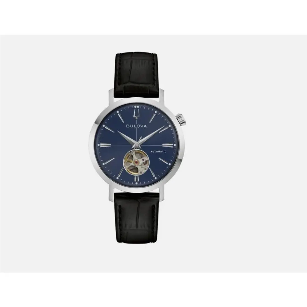 Bulova Aerojet 96A342 Men Automatic Open Heart Blue Dial Leather Watch 38mm