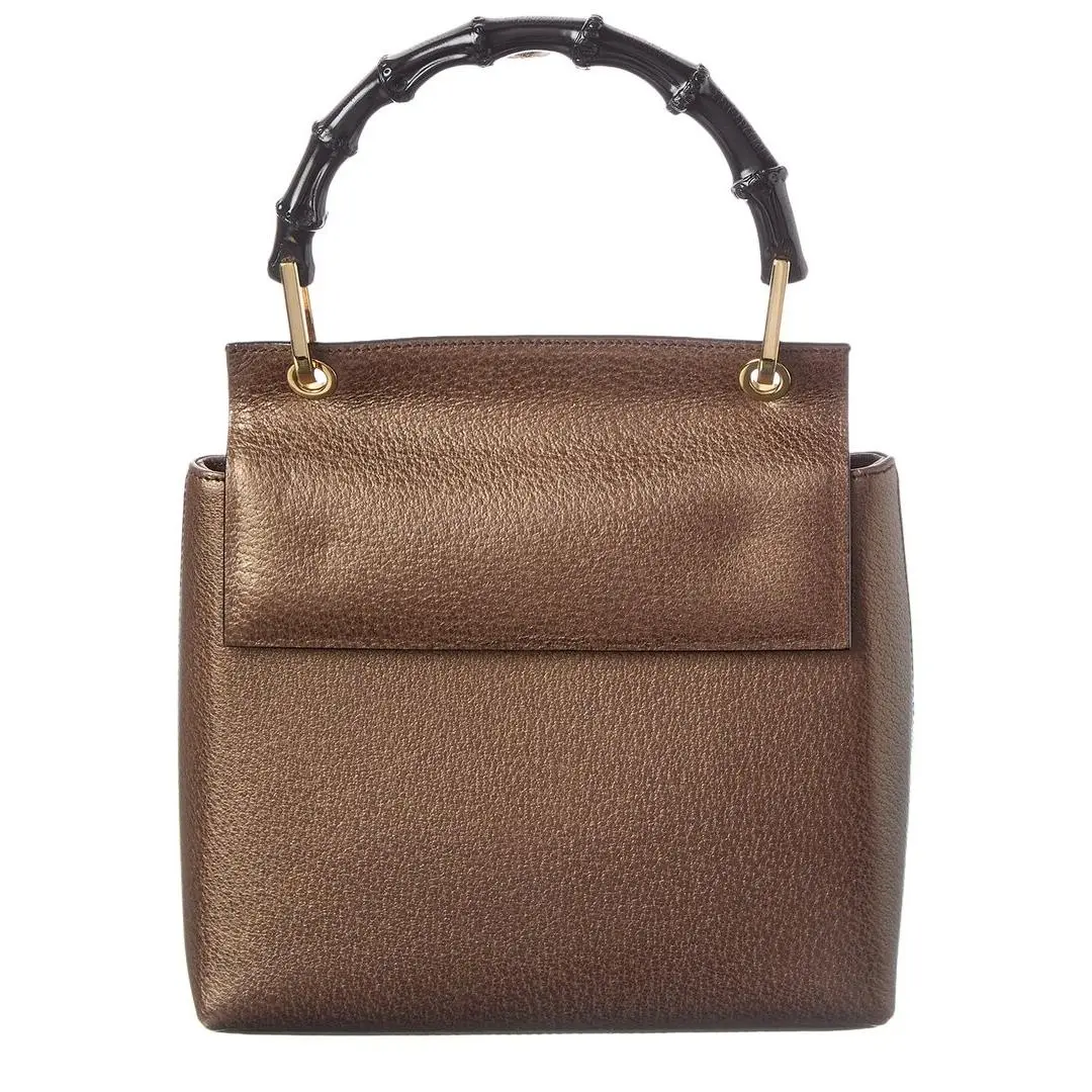 Dark Brown Lambskin Leather Bamboo Tote Pre-loved Women`s by Gucci